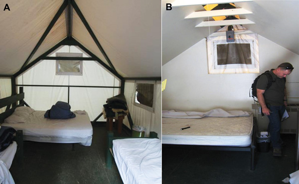 Inside view of regular and signature tent cabins, Yosemite National Park, summer 2012. A) Regular tent cabin showing canvas affixed over a wood frame. B) Signature tent cabin showing drywall between the exterior canvas and the interior living space.