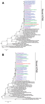 Thumbnail of Phylogenetic tree of the hemagglutinin (A) and neuraminidase (B) genes of influenza A(H7N9) viruses. Multiple alignments were constructed by using the MUSCLE algorithm of MEGA software version 5.10 (www.megasoftware.net). Phylogenetic trees were constructed by using the neighbor-joining method with bootstrap analyses of 1,000 replications. Bootstrap values &gt;60% are shown in the nodes. Sequences of human influenza A(H7N9) viruses are shown in purple, novel subtype H7N9 viruses fro