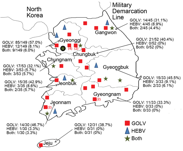 Distribution of swine farms investigated to determine cause of death of pigs, 9 provinces, Republic of Korea, 2013. The locations of farms are indicated, and the numbers and percentages of positive farms are shown in parentheses. GOLV, Gouleako virus; HEBV, Herbert virus.