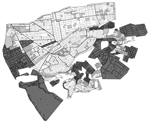 Thumbnail of Areas targeted for Chagas disease vector control in the Paucarpata District, Arequipa, Peru. Small units are city blocks and large units are localities. Dark gray indicates localities not infested; light gray indicates areas targeted; and medium gray indicates nontargeted city blocks within infested localities.