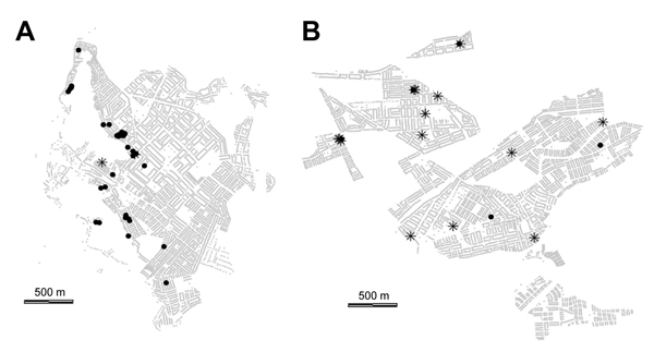 Infestation during the surveillance phase of a Chagas disease vector control program shown by history of treatment during the treatment phase for A) Jacobo Hunter District (treatment phase during 2003–2005) and B) Paucarpata District (treatment phase during 2006–2009, Arequipa, Peru. Stars indicate households infested during surveillance phase and not treated during treatment phase; black circles indicate households infested during surveillance phase but treated during the treatment phase; and l