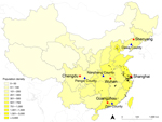 Thumbnail of Geographic distribution of urban locations (red stars) and rural locations (blue triangles) selected for population survey to determine human exposure to live poultry and attitudes and behavior toward influenza A(H7N9) in China, 2013. Black dots indicate geographic locations of laboratory-confirmed cases of H7N9 through October 31, 2013. Shading indicates population density (persons per square kilometer). The 5 selected urban locations were Chengdu, capital of Sichuan Province in we