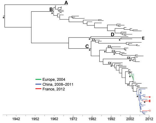 Dated phylogeny inferred by using 97 enterovirus 71 (EV-A71) 1D gene sequences encoding the VP1 capsid proteins (1DVP1). The dataset included the 4 sequences determined in this study; 37 sequences from EV-A71 C4 strains detected in Austria, China, Korea, France, Germany, Japan, and Taiwan during 1998–2011; and 57 sequences from prototype and clinical strains representative of the genogroups and subgenogroups A, B1–B5, C1–C5. The tree topology shows the relationships between the strains isolated 