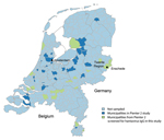 Thumbnail of Municipalities sampled in the Pienter 2 study and subset of municipalities included in the seroprevalence study of hantavirus infections, the Netherlands.