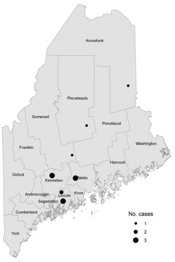 Locations of human ascariasis cases in Maine, USA, 2010–2013.