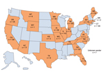 Thumbnail of Distribution of Aspergillus fumigatus isolates, United States, 2011–2013. A total of 1,026 clinical isolates were received from 22 states during October 2011–October 2013.