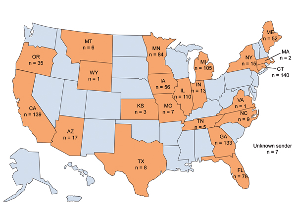 Distribution of Aspergillus fumigatus isolates, United States, 2011–2013. A total of 1,026 clinical isolates were received from 22 states during October 2011–October 2013.
