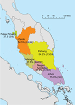 Thumbnail of State of origin and prevalence of macacine herpesvirus 1 shedding within sampled groups of macaques (no. positive/total tested) from Peninsular Malaysia, September 2009–July 2011.
