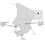 Thumbnail of Areas of Chad in which vaccination with serogroup A meningococcal polysaccharide/tetanus toxoid conjugate vaccine was implemented in 2011 (white) and 2012 (gray).