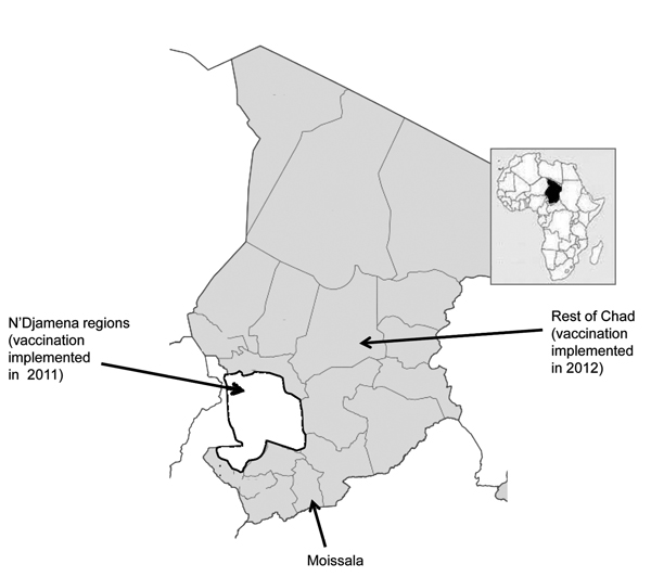 Areas of Chad in which vaccination with serogroup A meningococcal polysaccharide/tetanus toxoid conjugate vaccine was implemented in 2011 (white) and 2012 (gray).