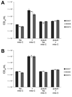 Thumbnail of Mitomycin C induces production of Shiga toxin 1a (Stx1a) in a recA-dependent manner. Exponentially growing cultures of the indicated parental strains or recA mutants were grown with or without 0.5 μg/mL mitomycin C (mito C) for 3 hours. Supernatants (A) or whole cell lysates (B) were prepared for determination of cytotoxicity for Vero cells. CD50/mL values were determined as described in Figure 1. Data are averages of 3 biological replicates. Error bars indicate standard error. Δ in