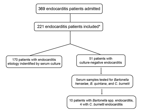 Distribution of patients etiologically diagnosed with endocarditis and admitted to the heart institute (Instituto do Coração) at the University of São Paulo Medical School, Sao Paulo, Brazil, January 2004–January 2009.  *A modified Duke criteria (3) was used to determine inclusion of 221 patients. Excluded were 148 patients: 58 with unconfirmed endocarditis, 28 with endocarditis caused by cardiac implantable electronic devices, 47 with nosocomial endocarditis, and 15 hemodialysis patients.   
