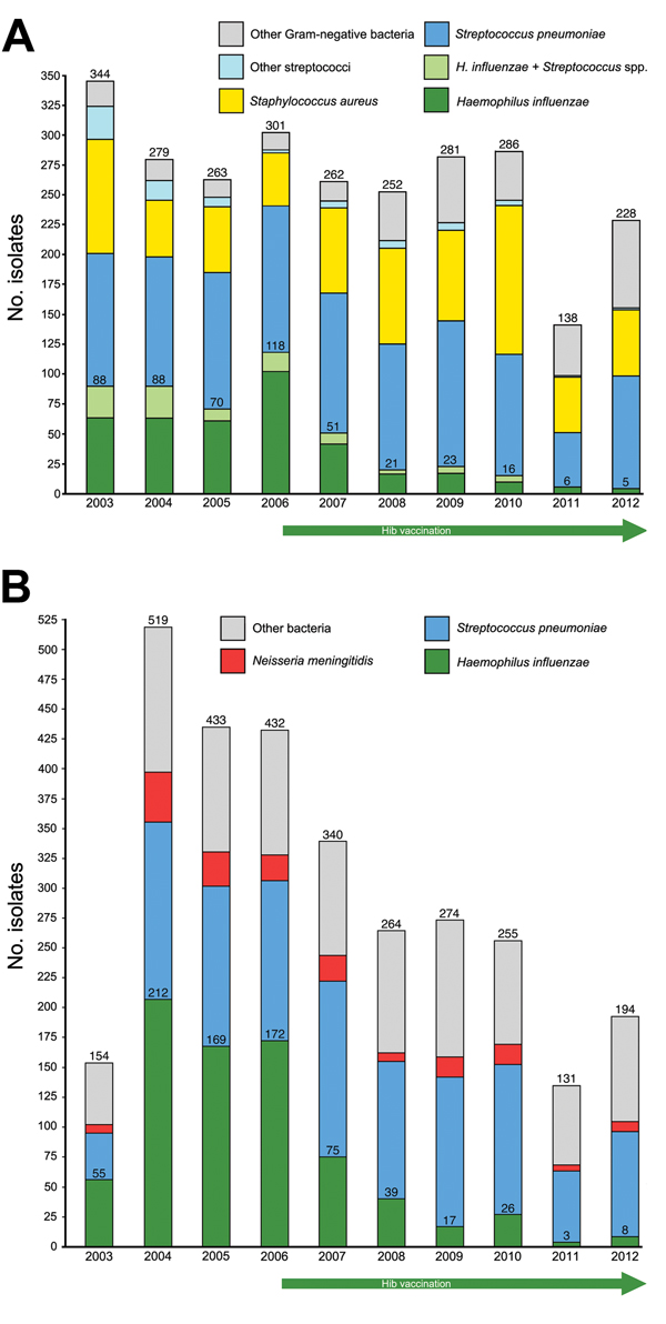 Distribution of 2,634 pleural fluid (empyema) (A) and 2,996 cerebrospinal fluid (CSF) isolates (B) from children who received treatment at David Bernardino Children’s Hospital, Luanda, Angola, during 2003–2012. Numbers above the light green bars in the upper panel comprise the total Haemophilus influenzae isolates found alone or with Streptococcus spp. (mostly S. pneumoniae). The numbers of mixed infections were as follows: 24, 24, 9, 15, 6, 2, 4, 6, 0, and 0, respectively. Hib, H. influenzae ty