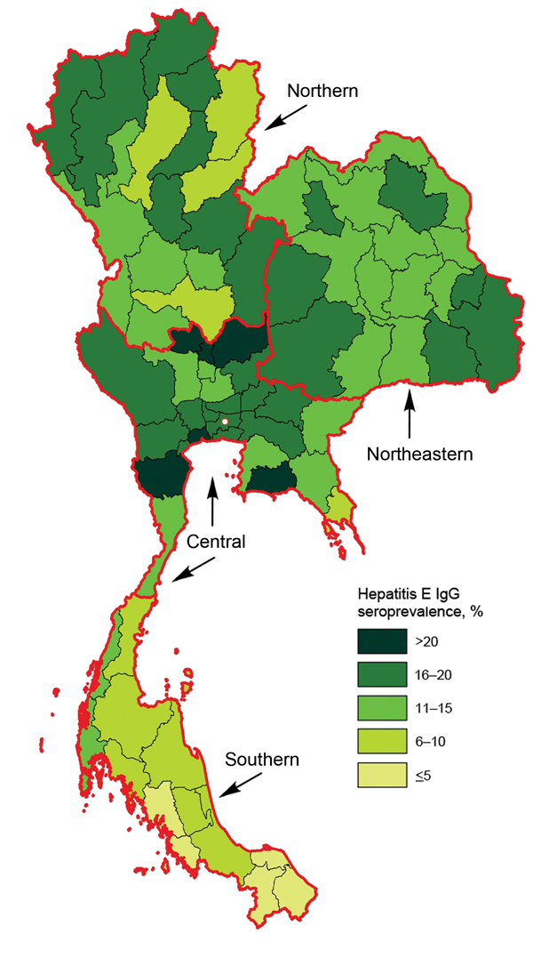 Map of Thailand, showing hepatitis E IgG seroprevalence in young Thai men, 2007–2008, grouped by reported province of residence during the 2 years before entry in to the Royal Thai Army. Circle indicates Bankok, the capital.