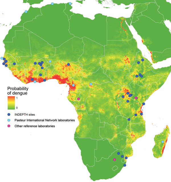 Dengue risk for Africa based on environmental niche modeling (3) and location of International Network for the Demographic Evaluation of Populations and Their Health (INDEPTH) member sites; Pasteur International Network Laboratories; and other reference laboratories (Centre International de Recherches Médicales de Franceville, Franceville, Gabon; Kenya Medical Research Institute/US Army Medical Research Unit, Nairobi, Kenya; and National Institute for Communicable Diseases, Johannesburg, South A