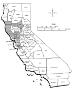 Thumbnail of Molecular prevalence of Bartonella species in 70 coyotes from 9 counties, California, USA. Shaded areas are counties where coyotes were trapped during the early 2000s. Bartonella-positive coyotes were identified from the 9 counties as follows: Yuba, 6 (33%) of 18 trapped coyotes; Santa Clara, 3/22 (14%); Mendocino, 2/11 (18%); Napa, 2/6 (33%); Sonoma, 1/5 (20%); Glenn, 1/4 (25%); Yolo, 0/1; Butte, 0/1; Solano, 0/2.