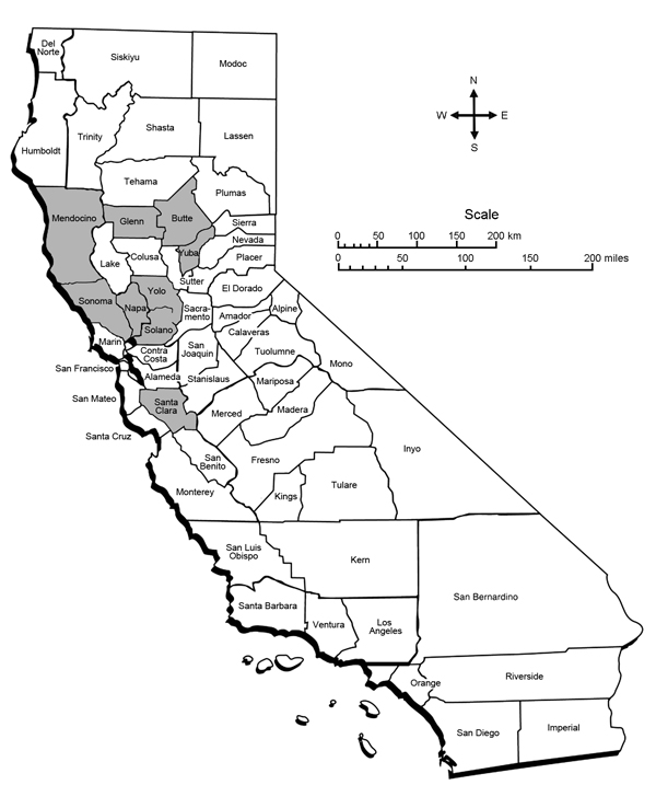 Molecular prevalence of Bartonella species in 70 coyotes from 9 counties, California, USA. Shaded areas are counties where coyotes were trapped during the early 2000s. Bartonella-positive coyotes were identified from the 9 counties as follows: Yuba, 6 (33%) of 18 trapped coyotes; Santa Clara, 3/22 (14%); Mendocino, 2/11 (18%); Napa, 2/6 (33%); Sonoma, 1/5 (20%); Glenn, 1/4 (25%); Yolo, 0/1; Butte, 0/1; Solano, 0/2.