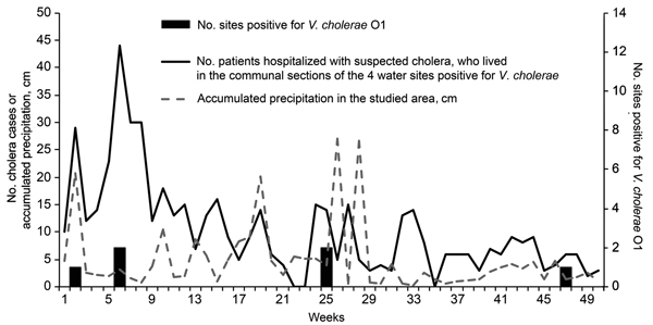 Weekly cholera incidence in communal sections of Haiti in which water samples were positive for Vibrio cholerae O1; accumulated precipitation in the studied area by week during April 2012–March 2013; and number of environmental sites from which V. cholerae O1 was isolated, by month. Incidence was calculated from patients who were hospitalized in the Leogane cholera treatment center and who resided near the 4 sites found positive for V. cholerae O1 by Alam et al. (1): second communal section of L