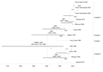 Thumbnail of Time-scaled Bayesian maximum clade credibility phylogeny tree based on peste des petits ruminants virus complete genome sequences. The tree was constructed by using the uncorrelated exponential distribution model and exponential tree prior. Branch tips correspond to date of collection and branch lengths reflect elapsed time. Tree nodes were annotated with posterior probability values and estimated median dates of time to most recent common ancestor (TMRCA). Corresponding 95% highest