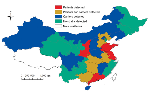 Distribution of Neisseria meningitidis sequence type 4821 clonal complex (CC4821) serogroup B strains in China, 1978–2013. Invasive strains were detected in 5 provinces (red), carriage strains were detected in 9 provinces (blue), and invasive and carriage strains were detected in 5 provinces (gold). Regions where CC4821 strains were not found or where surveillance is not conducted are also shown.