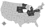 Thumbnail of US states with swine samples positive for porcine coronavirus (PorCoV) HKU15, between February and April 2014. A total of 435 samples from 10 states were selected to be tested for the presence of PorCoV. Of those samples, 109 (25%) from 9 states (dark gray) were positive for PorCoV HKU15. Another recent article reported the presence of PorCoV HKU15 in Iowa (white) (3). Strain names are indicated below state abbreviations.