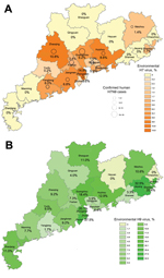 Thumbnail of Distribution of influenza A H9 (A) and H7 (B) viruses, Guandong Province, China, 2013–2014. Shading indicates percentage of environmental swab specimens from live poultry markets in each region that were positive for each influenza subtype by reverse transcription PCR. Circles indicate locations of human cases; larger circles indicate higher numbers of cases.