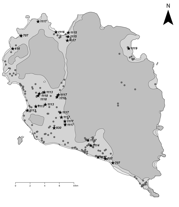 Location and multilocus sequence types of Burkholderia pseudomallei from water supplies on Koh Phangan, Thailand, 2012. A total of 190 water samples are indicated on the map. Twenty-six samples that were culture positive for B. pseudomallei are shown by black stars together with the sequence type, and 164 samples that were culture negative for B. pseudomallei are indicated as gray dots.