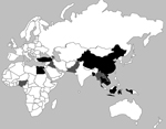 Thumbnail of Shading indicates countries that reported confirmed human cases of highly pathogenic avian influenza (HPAI) A(H5N1) infection and outbreaks of H5N1 among poultry during 2004–2013. Black shading indicates the 8 study countries that reported 97% of all human H5N1 cases and 90% of all poultry H5N1 outbreaks: Bangladesh, Cambodia, China, Egypt, Indonesia, Thailand, Turkey, and Vietnam.