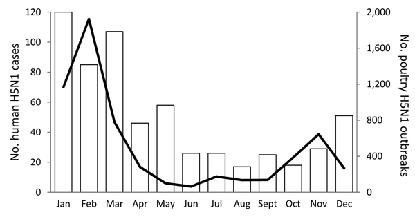 Monthly average number of highly pathogenic avian influenza A(H5N1) infection outbreaks among poultry (black line) and human H5N1 cases (white bars) for 8 study countries (Bangladesh, Cambodia, China, Egypt, Indonesia, Thailand, Turkey, and Vietnam) that reported 90% of all poultry H5N1 outbreaks and 97% of all human H5N1 cases during 2004–2013.