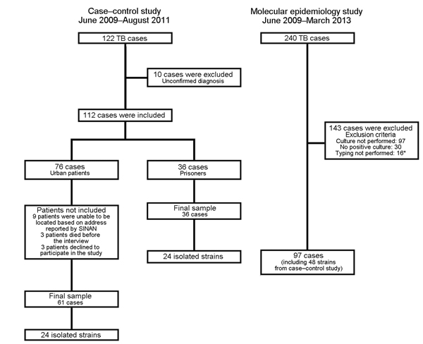 Flowchart for recruitment of patients with tuberculosis (TB) for case–control and molecular studies of prisons as reservoir for community transmission of tuberculosis, Brazil, June 2009–March 2013. *Eleven strains were not reactive after freezing, and 5 strains had &lt;5 bands of IS6110. SINAN, Sistema de Informação de Agravos de Notificação (National Notifiable Diseases Information System).