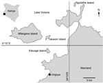 Thumbnail of Study sites for investigation of K13 propeller gene in Plasmodium falciparum, Mbita District, Kenya, 2012–2013. Insert shows location of study area in Kenya.