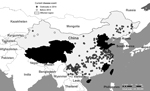 Thumbnail of Outbreaks of peste des petits ruminants virus (PPRV) across China during December 2013–May 2014. Data are from ProMed alerts during the period described (10).