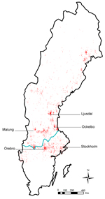 Thumbnail of Distribution of 3,524 tularemia cases, Sweden, 1984−2012. Red dots indicate locations of reported cases; blue line indicates border between northern and southern Sweden, as defined by the southern border of the boreal forest. The municipalities with the highest tularemia incidence (Ljusdal, Malung, Ockelbo), and most outbreaks (Örebro) are indicated, as is the capital city of Stockholm.