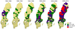 Thumbnail of Mean incidence (per 100,000 persons) of tularemia in 189 municipalities by 5-year* intervals, Sweden, 1984−2012. *Most recent interval, 2009–2012, was 4 years.