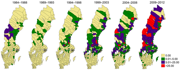 Mean incidence (per 100,000 persons) of tularemia in 189 municipalities by 5-year* intervals, Sweden, 1984−2012. *Most recent interval, 2009–2012, was 4 years.