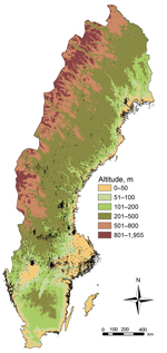 Thumbnail of Distribution of tularemia cases by altitude, Sweden, 1984−2012. Black dots indicate locations of reported cases.
