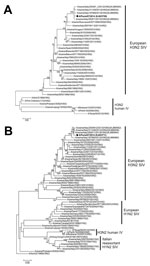 Thumbnail of Phylogenetic trees of the hemagglutinin (A) and neuraminidase (B) genes of swine influenza viruses (SIVs). The 8 genome segment sequences of the A/Pavia/07/2014 strain (black dot, in bold) were submitted to GenBank under accession nos. KJ623706–KJ623713. Scale bars indicate nucleotide substitutions per site.