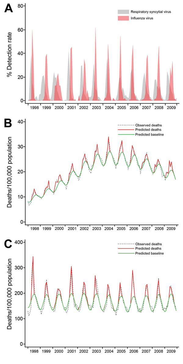 Monthly mortality and detection rates for influenza and respiratory syncytial virus in South Africa, 1998–2009. A) Observed respiratory deaths, predicted deaths, and predicted baseline by month (model 1) of persons 20–44 years of age. B) Observed respiratory deaths, predicted deaths, and predicted baseline by month (model 1) in persons ≥75 years of age. C) Detection rate (i.e., monthly number of positive specimens divided by annual number of specimens tested) of influenza and respiratory syncyti