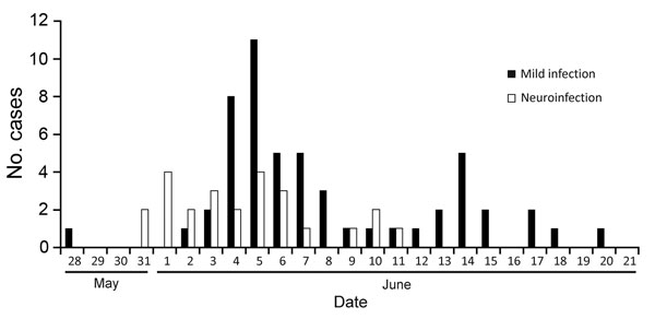 Incidence of neuroinfection during an enterovirus A subtype 71infection outbreak among children attending a childcare facility, Rostov-on-Don, Russia, 2013. Of 78 infected children (1–7 years of age), 25 experienced neuroinfection (meningitis or meningoencephalitis) and 53 experienced mild infection (hand, foot and mouth disease or fever).
