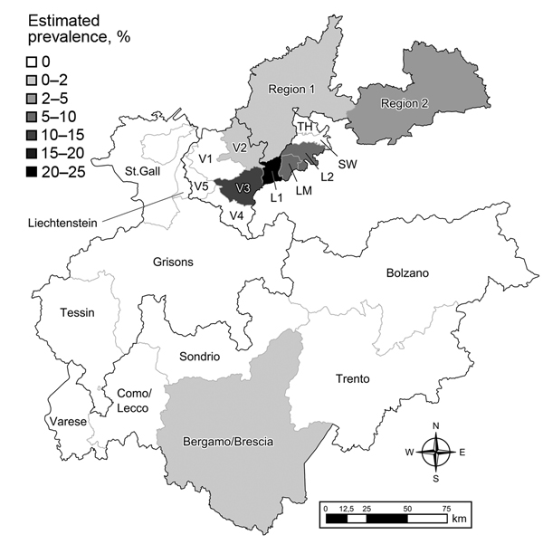 Study area in the Alpine region showing the 22 sampling areas and the estimated prevalences of Mycobacteria caprae. Prevalence ranges are classified into 6 intervals, wherein the upper bounds are not included in the interval. Austria: Vorarlberg (V1–V5) and Tyrolean Lech valley: Lechtal I (L1), Lechtal Mitte (LM), Lechtal II (L2), Schwarzwasser (SW),and Tannheimertal (TH). Germany: Bavaria (Region 1 and Region 2). Switzerland: St. Gall, Grisons, Tessin, and Liechtenstein. Italy: Varese, Como/Lec