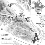Thumbnail of Areas on Vancouver Island, British Columbia, Canada, in which environmental samples were collected to determine Cryptococcus gattii concentrations during 2002–2004. Environment Canada provided weather information from 15 stations across the island.