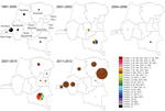 Thumbnail of Spatiotemporal localization of isolate antimicrobial drug resistance profiles by time period and province, Democratic Republic of the Congo, 1997–2012. Strains were grouped into 21 antimicrobial drug resistance profiles. The antimicrobial drugs for which the strains displayed resistance are indicated in the lower right panel. Patterns of antimicrobial drug resistance were further grouped into 5 periods. Circle circumference represents the relative number of strains, while the colors
