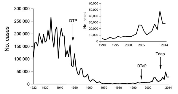 Number of pertussis cases reported to the National Notifiable Diseases Surveillance System, 1922–2014. Inset shows detail view of data for 1990–2014. Sources: Centers for Disease Control and Prevention; National Notifiable Diseases Surveillance System and Supplemental Pertussis Surveillance System, 1922–1949; passive reports to the Public Health Service. Data for 2014 are provisional. DTP, diphtheria, tetanus, pertussis vaccine; DTap, diphtheria, tetanus, acellular pertussis vaccine given to chi