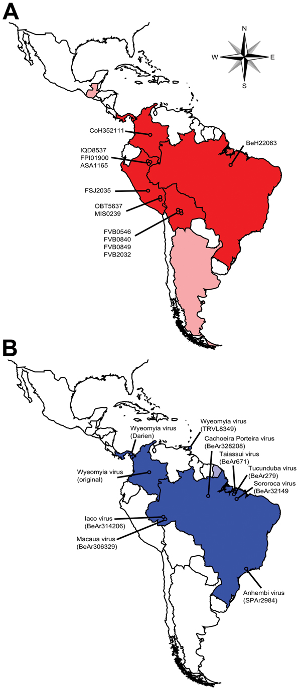 Comparison of the geographic locations from which Guaroa virus (GROV) strains used in this study were isolated (A) and the geographic distribution of the Wyeomyia virus (WYOV) group (B), Central and South America. Countries from which GROVs have been isolated are shown in dark red; countries from which WYOVs have been isolated are shown in dark blue. Light red indicates countries with only serologic evidence of GROV circulation; light blue indicates countries with only serologic evidence of WYOV