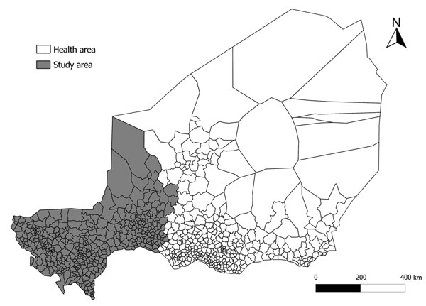 Location of the study area, Niger. This area comprises the 379 health areas in 3 regions (Tahoua, Tillabery, and Dosso).