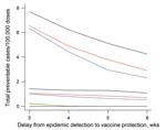 Thumbnail of Comparison of preventable meningitis cases per 100,000 vaccine doses, given different surveillance and meningococcal vaccine response strategies, in a situation simulating elimination of Neisseria meningitides serogroup A, Tahoua, Tillabery, and Dosso regions, Niger, 2002–2012. Three, 4, 5, and 6 weeks delay were considered between epidemic detection and effective vaccine protection. The strategies were surveillance and vaccination at health area level (health area–health area, top 