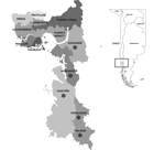 Thumbnail of The 13 communes in the provinces of Llanquihue and Palena, southern Chile. (Two communes share the name of the province to which they belong.) Asterisk indicates Andean communes. Inset: South America, with study area in box.