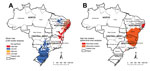 Thumbnail of Spatial and spatiotemporal cluster analysis of rates of schistosomiasis-related deaths, by municipality of residence, Brazil, 2000–2011. A) LISA cluster analysis (Moran Map), based on Local Moran’s I index. B) Scan space-time clusters analysis, calculated by using Kulldorff’s scan statistics with SaTScan software version 9.1.1 (Harvard Medical School, Boston, MA, USA; Information Management Service, Silver Spring, MD, USA). Mapping and calculation of autocorrelation spatial analysis