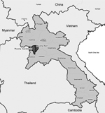Thumbnail of Locations of cases of highly pathogenic avian influenza in poultry caused by influenza A(H5N6) virus in Laos, March 2014. Dark gray shading indicates the 2 districts (Muang Nan [M.Nan] and Muang Xayabouly [M.Xayabouly]) situated at the boundaries of Luang Prabang and Xayabouly Provinces, where villages with infected poultry were located. Affected birds were associated with regular consignments of mixed poultry transported from Jinghong and elsewhere in Yunnan Province, China.