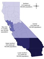 Thumbnail of Cumulative incidence of human Mycobacterium bovis disease, by region, California, USA, 2003–2011.